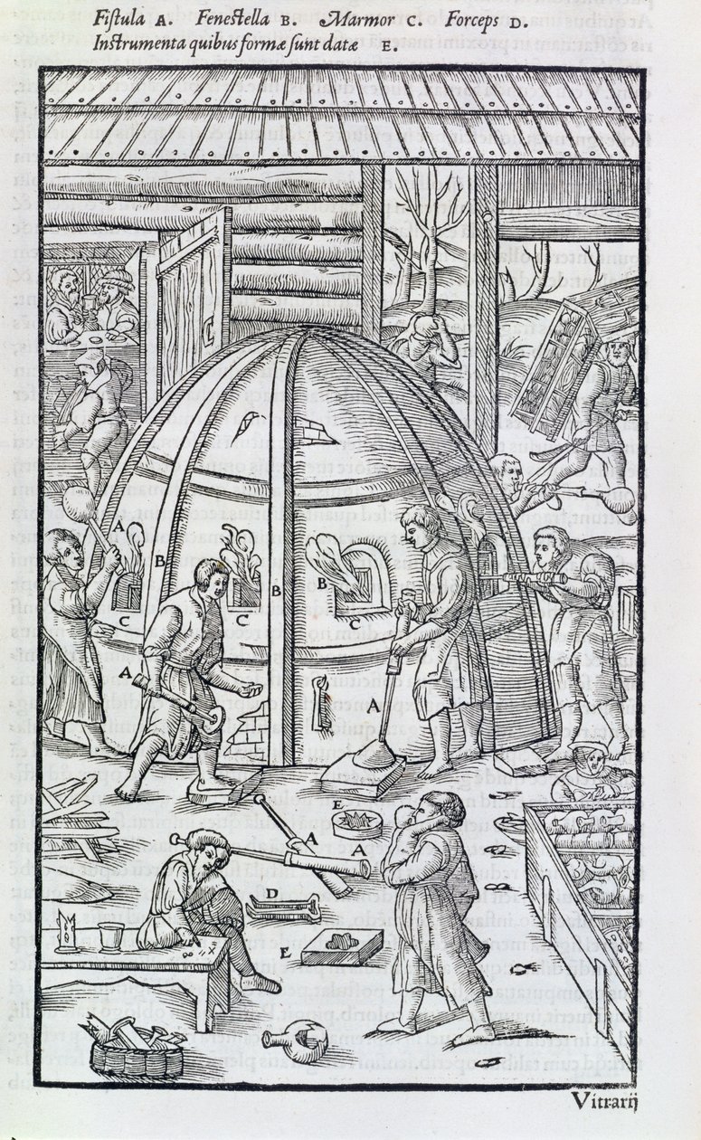 Glasfabriek, illustratie met de marmeroven en glasblazers door German School