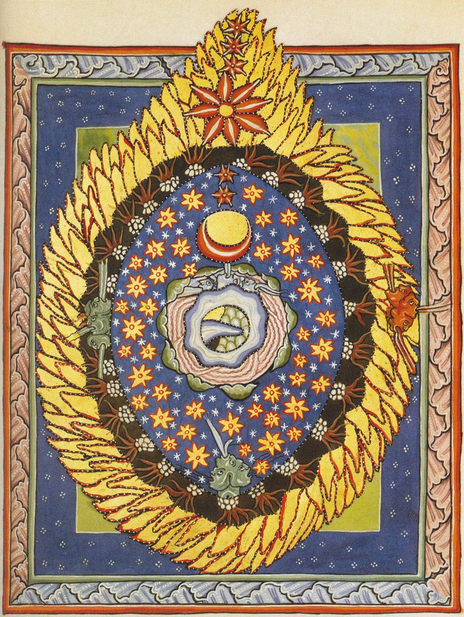 God, Kosmos en Mensheid. Miniatuur uit Liber Scivias door Hildegard van Bingen, ca.1175 door German School