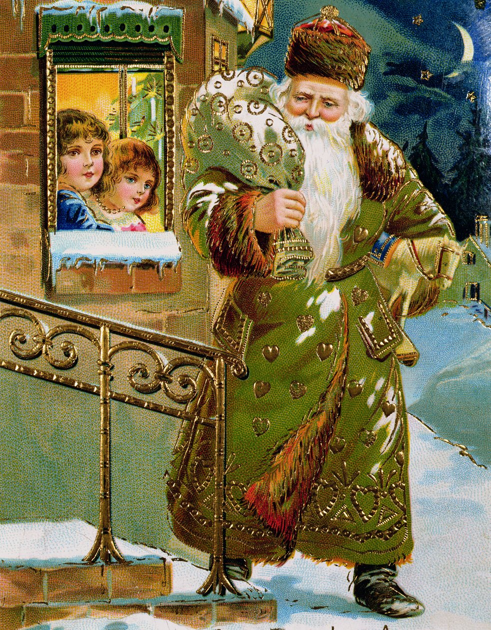 Groengerobde kerstman, Duitse kaart, ca.1900 (prent) door German School