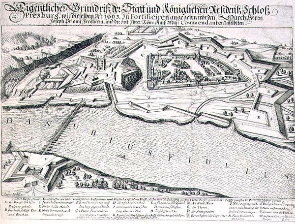 Grondplan van de stad en het kasteel van Pressburg en zijn vestingwerken in 1663, illustratie uit een boek over de Ottomaanse campagnes in Europa, gegraveerd door Paul Furst door German School