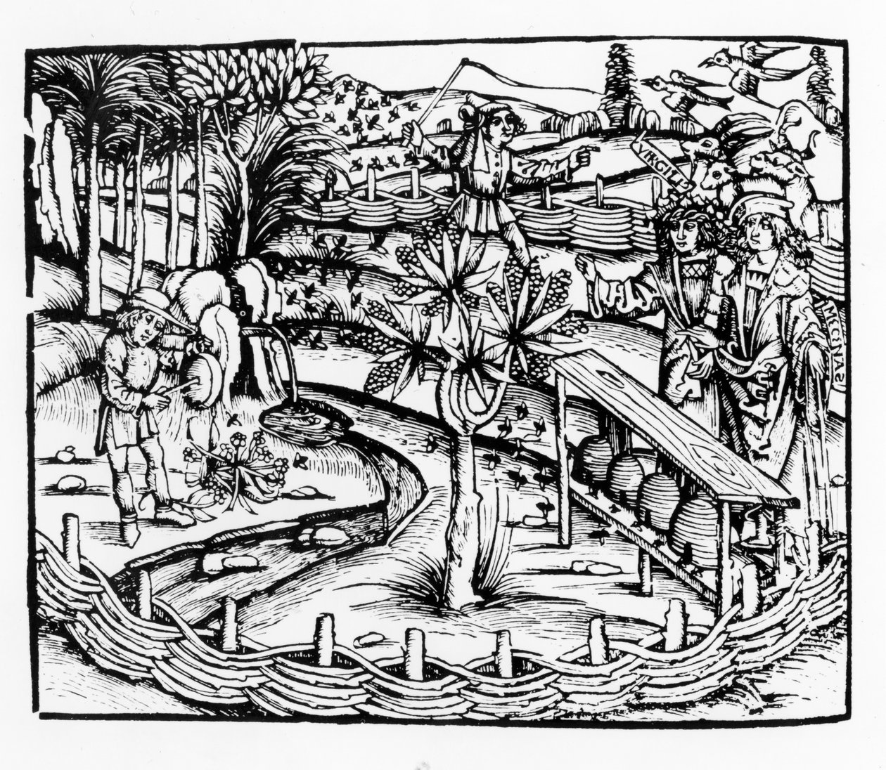 Gelukkige boeren die bijen verzorgen, illustratie uit de Georgica van Vergilius, boek IV, uit de editie van Sebastian Brants (1457-1521), gepubliceerd 1502 door German School