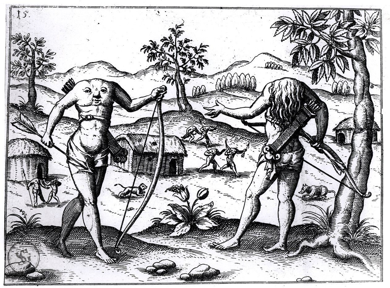 Hoofdloze mannen en vrouwen, illustratie uit het verslag van Sir Walter Raleigh over Guyana, gepubliceerd in Neurenberg, 1599 door German School