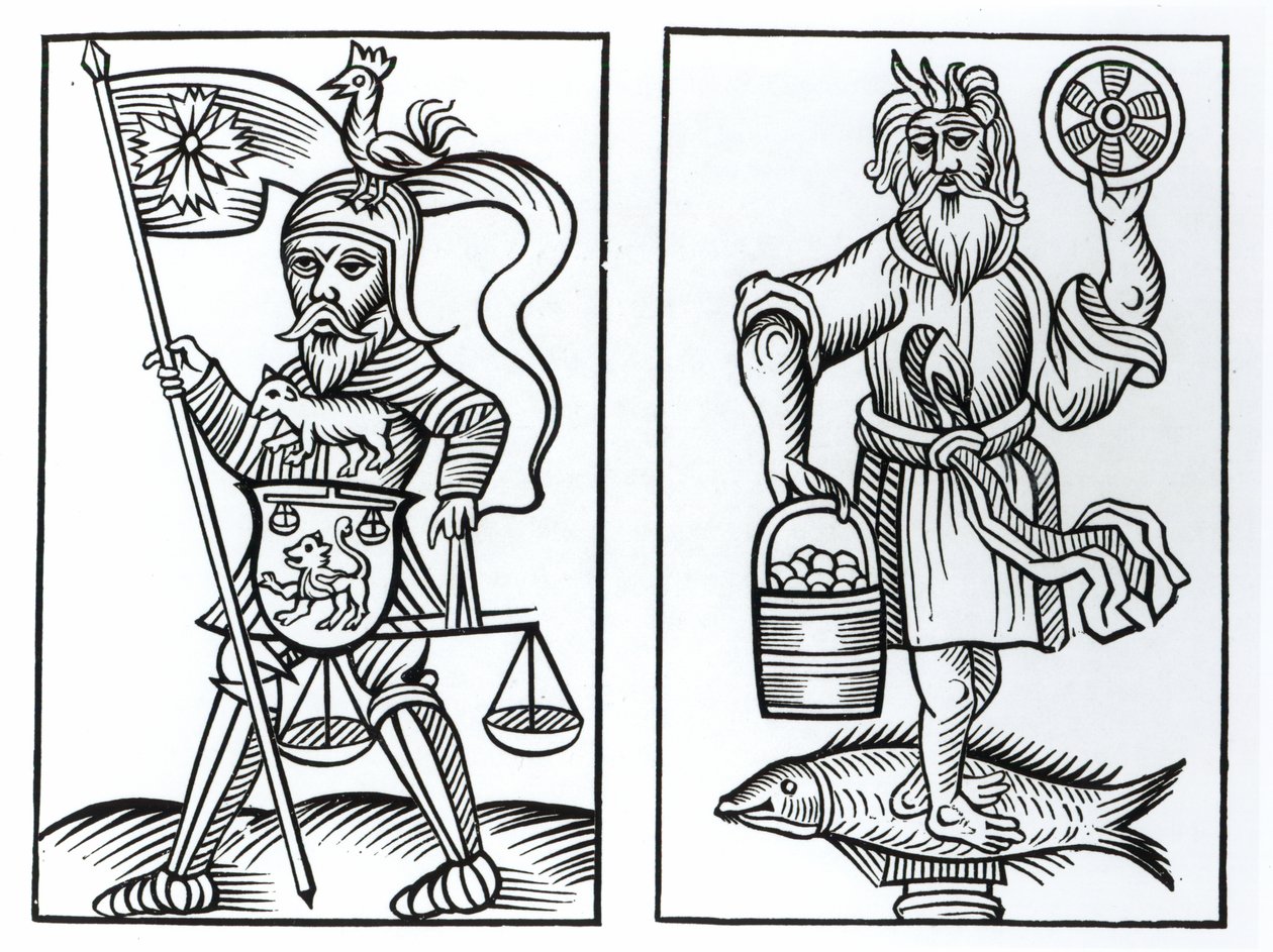 Hermensul of Irmensul (links) en Crodon (rechts) afgoden van de oude Saksen, naar een houtsnede in de Annales Circuli Westphaliae door Herman Stangefol, gepubliceerd 1656 door German School