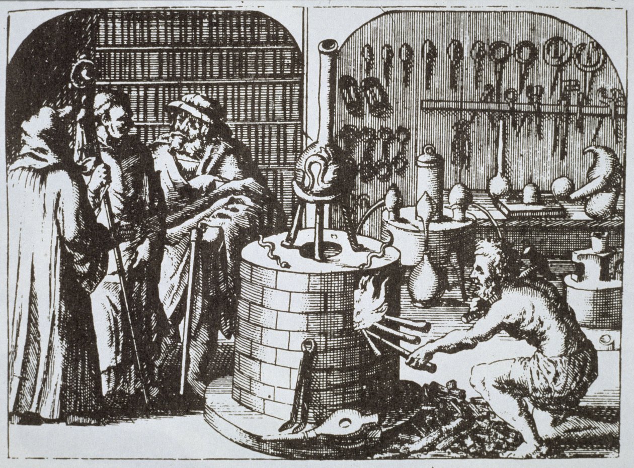Hermetische Filosofen en een Alchemist, uit Museum Hermeticum door Michael Majer (1625) geïllustreerd in een geschiedenis van magie gepubliceerd eind 19e eeuw door German School