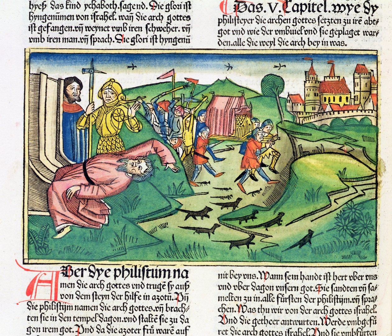 1 Samuel 5:1-11 De Filistijnen grijpen de Ark en worden getroffen door de plaag, uit de Neurenbergse Bijbel (Biblia Sacra Germanaica) door German School