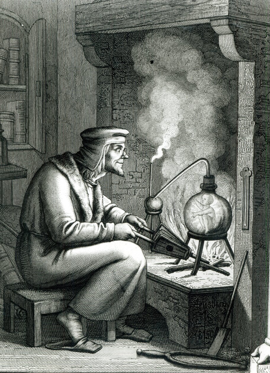Illustratie uit Goethes Faust met Mephistopheles die een homunculus creëert, 1854 door German School
