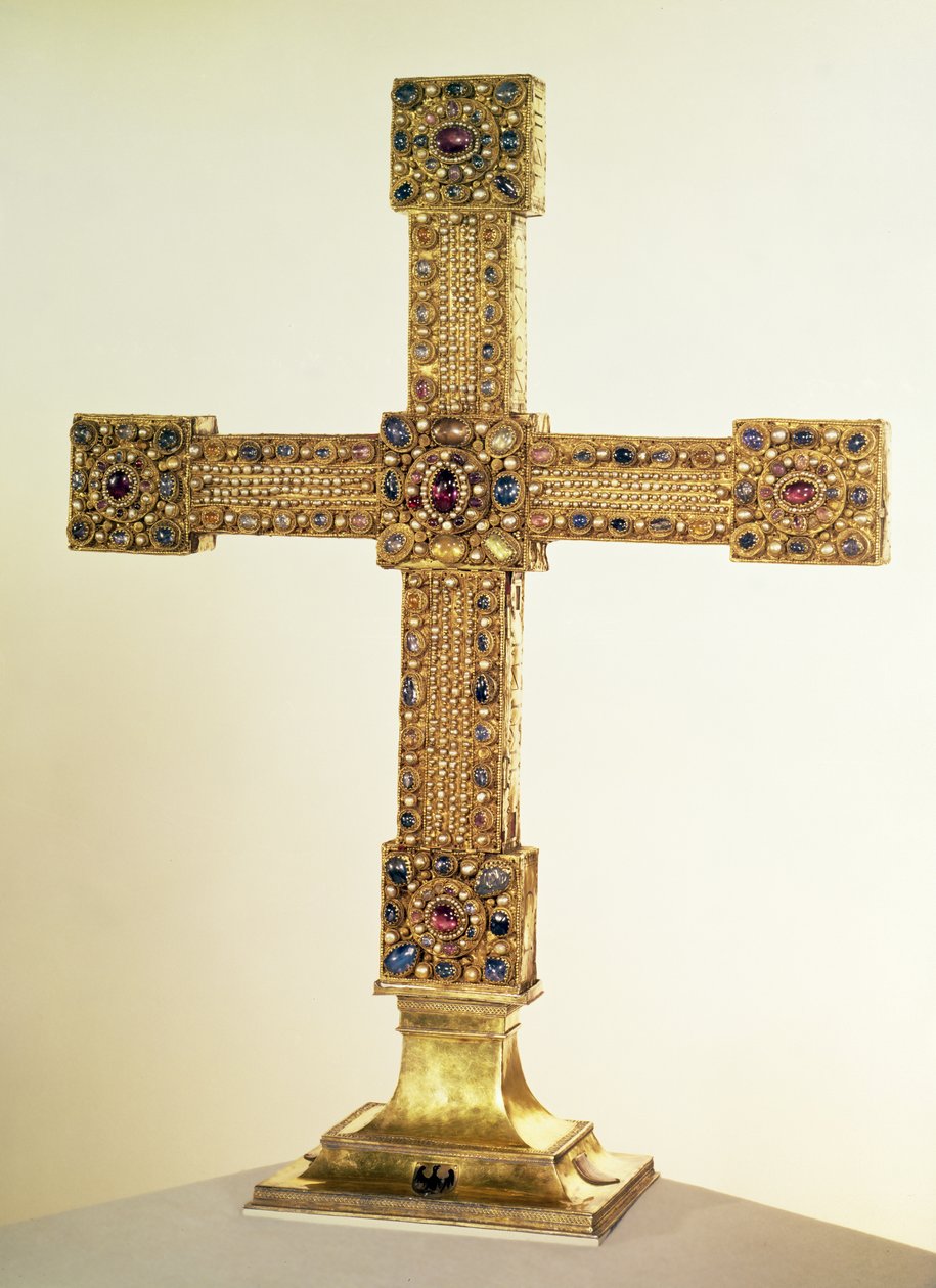 Keizerlijk Kruis van het Heilige Roomse Rijk gemaakt van eikenhout bedekt met gouden platen en versierd met parels en edelstenen, West-Duits, 1024-25 door German School