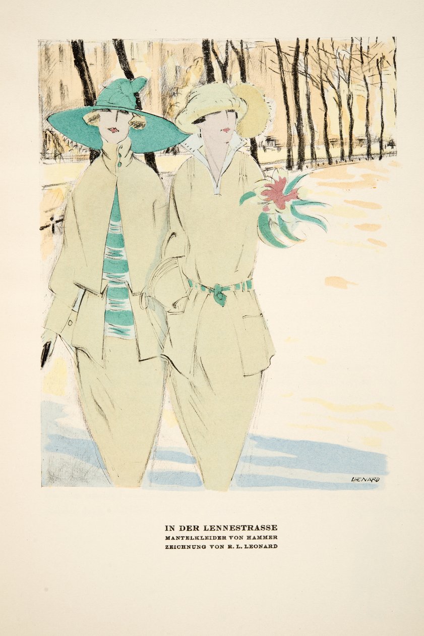 "In Der Lennestrasse", reclame voor jassen van Hammer, uit Styl, pub.1922 (pochoirprint) door German School
