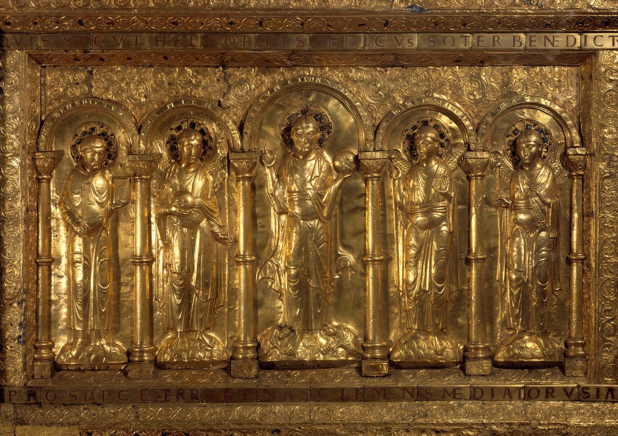 Voor het altaar van de Kathedraal van Bale Rond de Zittende Christus, de drie aartsengelen (Michael, Gabriel en Raphael) en Sint Benedictus van Nursie, en aan zijn voeten, de Keizer Hendrik II genaamd de Heilige (973-1024) en de Keizerin Cunegonde (975-103 door German School