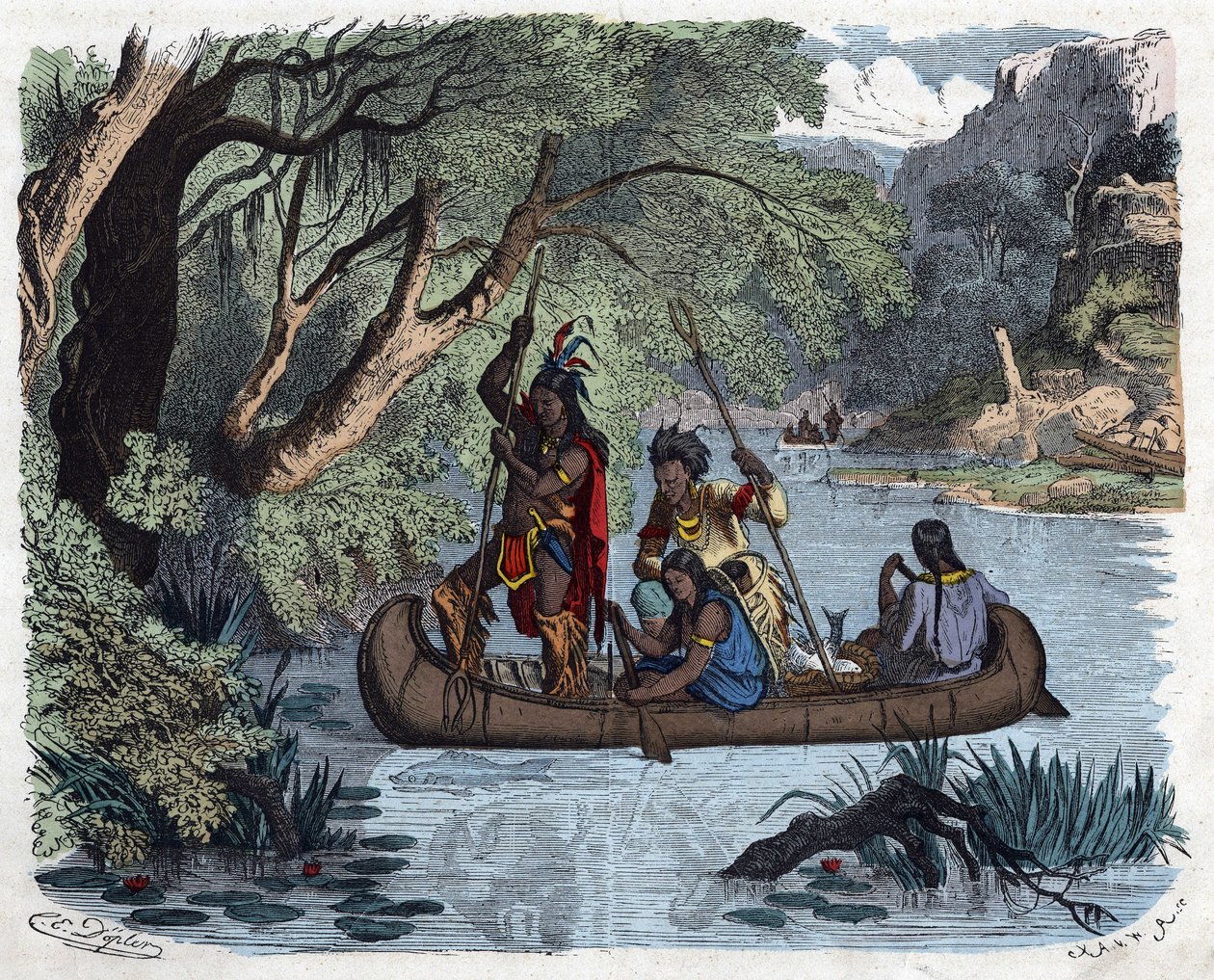 Indianen vissen aan boord van een kano op een rivier in Amerika. In 