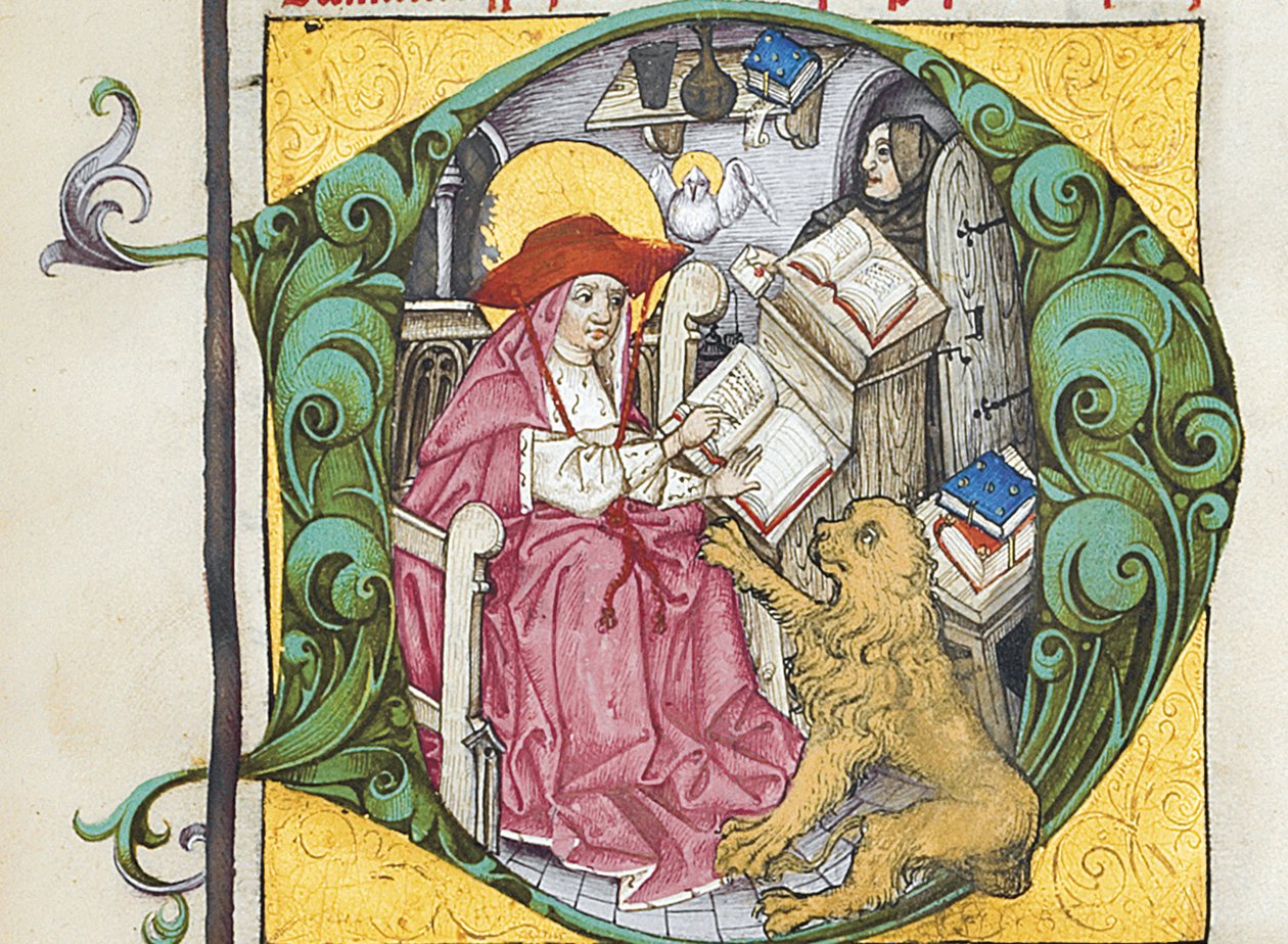 Initiaal D uit Epistolae Hieronymus, brieven en traktaten van St. Jerome, bewerkt door Adrianus Brielis door German School