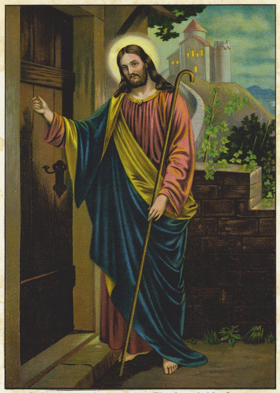 Jezus klopt op de deur van een huis (kleurenlitho) door German School