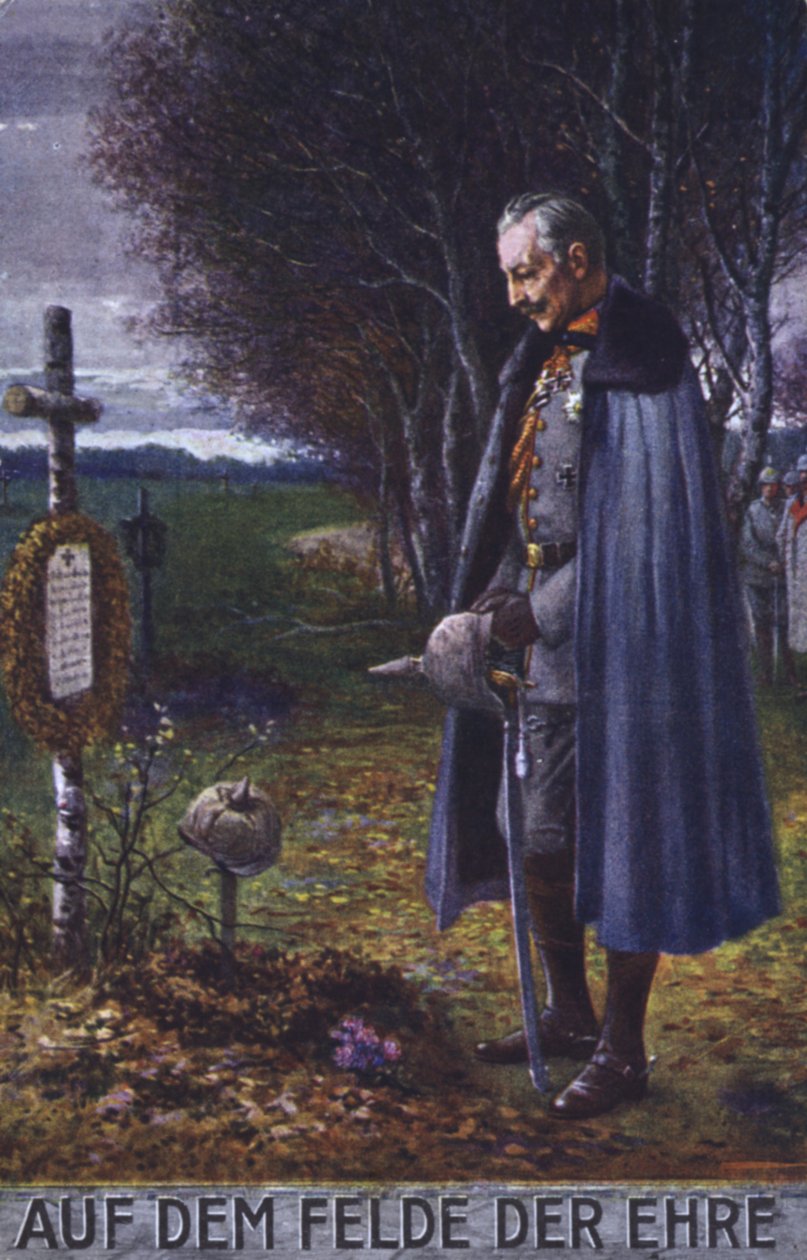 Keizer Wilhelm II bij het graf van een Duitse soldaat (kleurenlitho) door German School