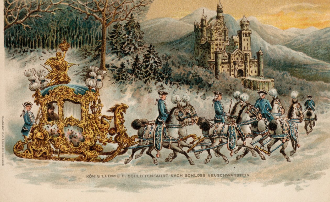 Koning Ludwig II van Beieren op weg naar kasteel Neuschwanstein in een gouden slee (chromolitho) door German School