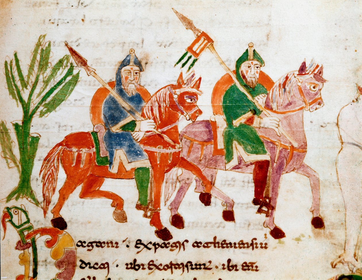 Ridders met paarden. Miniatuur uit het manuscript 'De Universo' of 'De ...