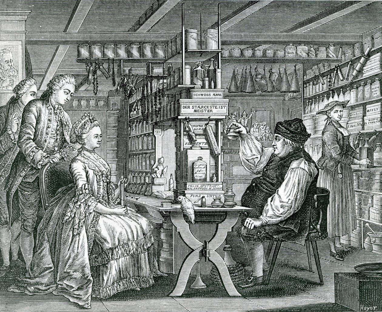 La Pharmacie Rustique, prent gemaakt door Bartolomaus Hubner (1727-1795), 1774 door German School