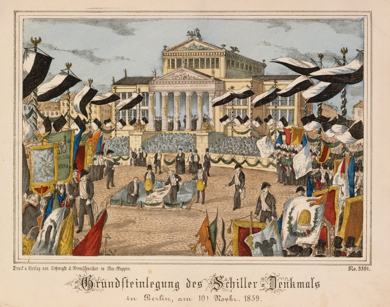 Legging van de eerste steen van het Schiller monument op de Gendarmenmarkt, Berlijn, 10 november 1859, met het Schauspielhaus op de achtergrond, uit Neuruppiner Bilderbogen, uitgegeven door Oehmigle & Ri door German School