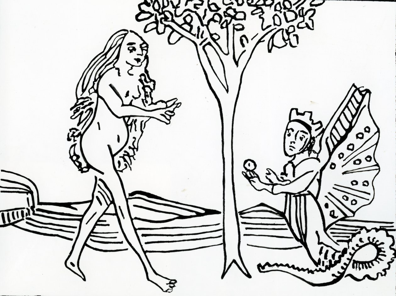 Lilith, gevleugeld en gekroond, met slangenstaart, biedt de appel aan Eva aan, uit 