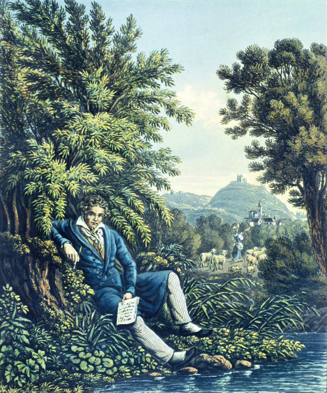 Ludwig van Beethoven bij een rivier door German School
