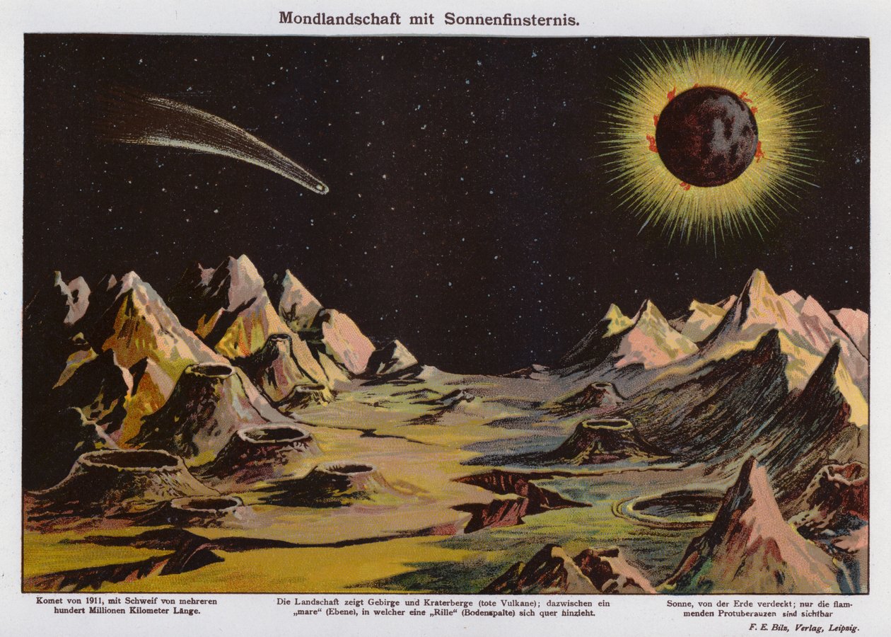 Maanlandschap, zonsverduistering en komeet van 1911 (kleurenlitho) door German School
