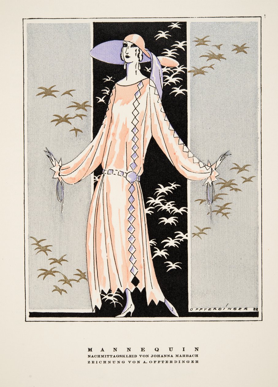"Mannequin", advertentie voor Jurk van Johanna Marbach, uit Styl, pub.1922 (pochoirdruk) door German School