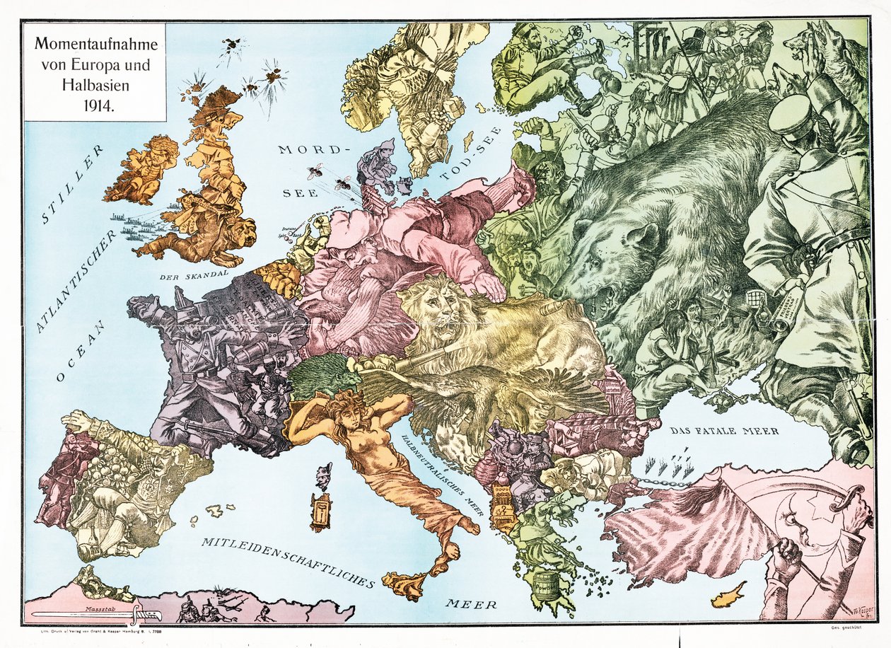 Kaart van Europa in 1914, pub.1915 (kleurenlitho) door German School