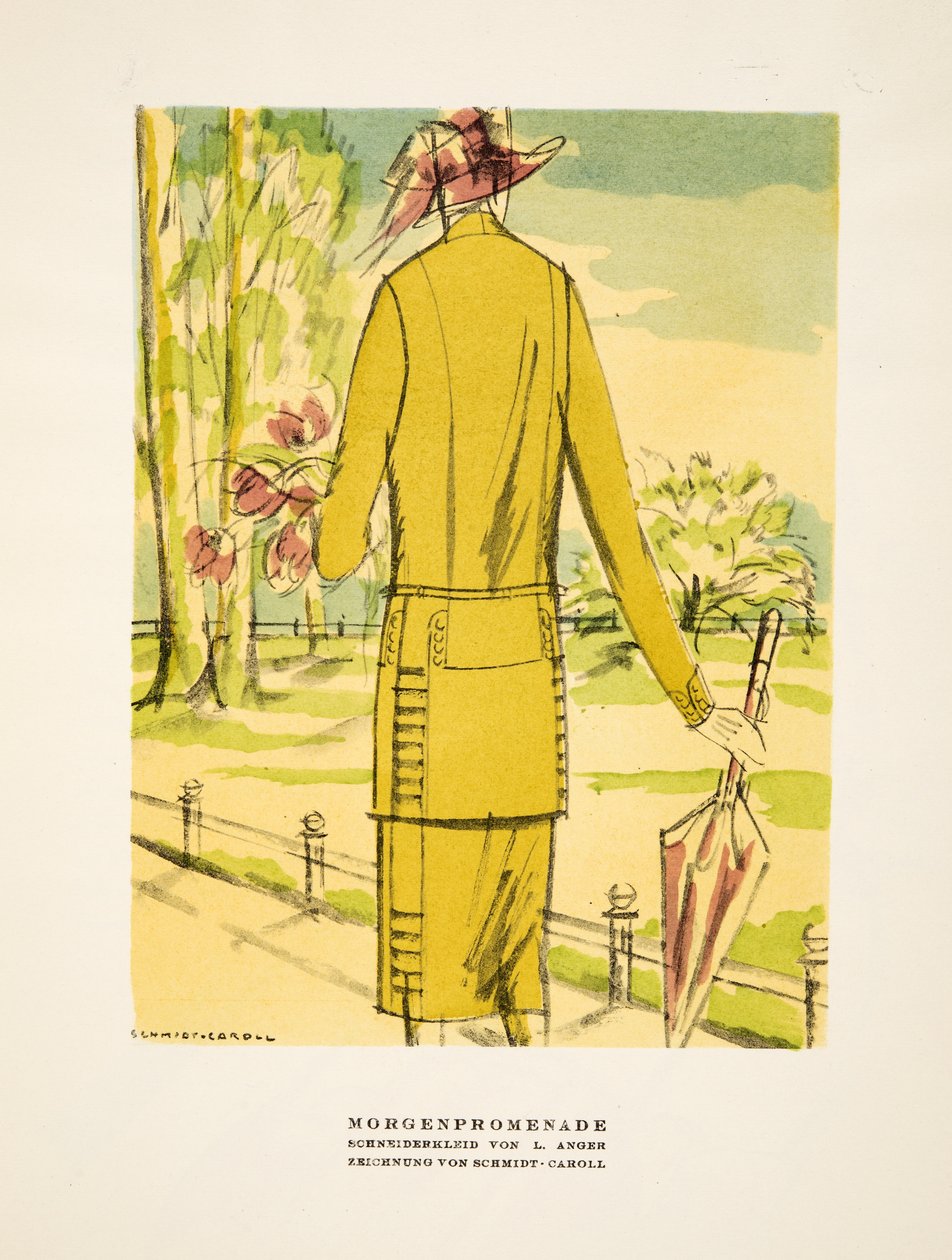 "Morgenpromenade", reclame voor Kleding van L. Anger, uit Styl, pub.1922 (pochoirdruk) door German School