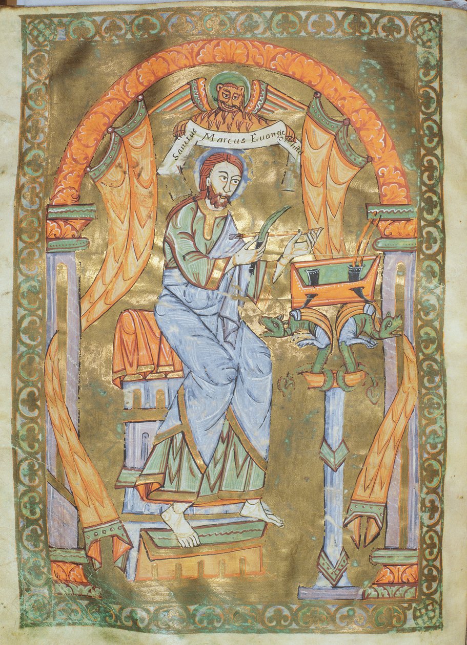 Ms Czart 1207 IV fol 76v St. Marcus de Evangelist, uit Het Evangeliarium van de Kathedraal van Plock, ca. 1075 door German School