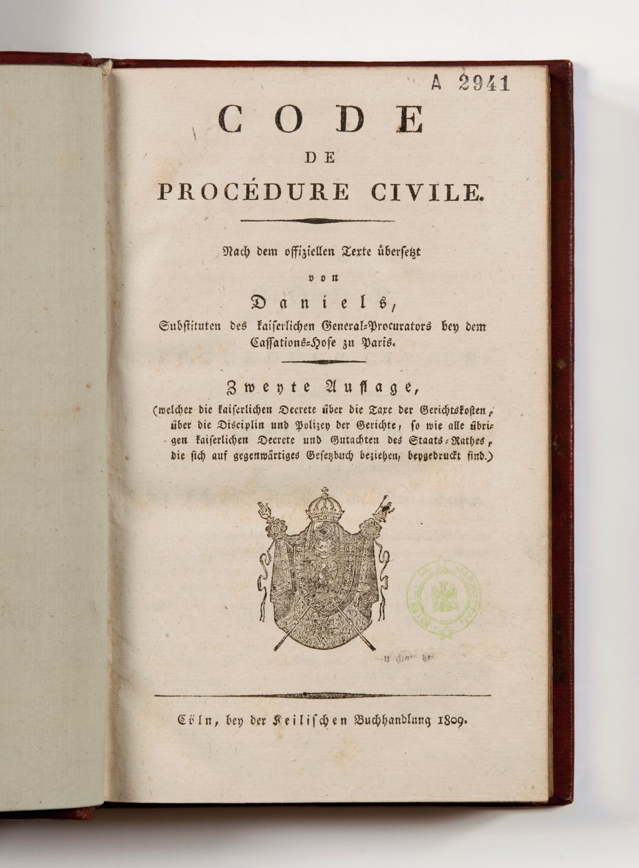 Napoleontische code van burgerlijke rechtsvordering voor de Franse departementen van de linker Rijnoever, geopend op de titelpagina, Keulen, 1809 door German School