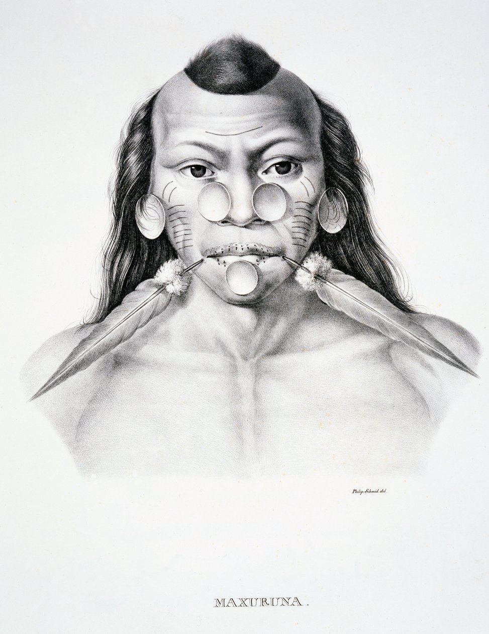 Inheemse man van de Maxuruna-stam, met gezichtsdecoratie, uit Atlas van een reis in Brazilië door Dr. von Spix en Dr. von Martius door German School