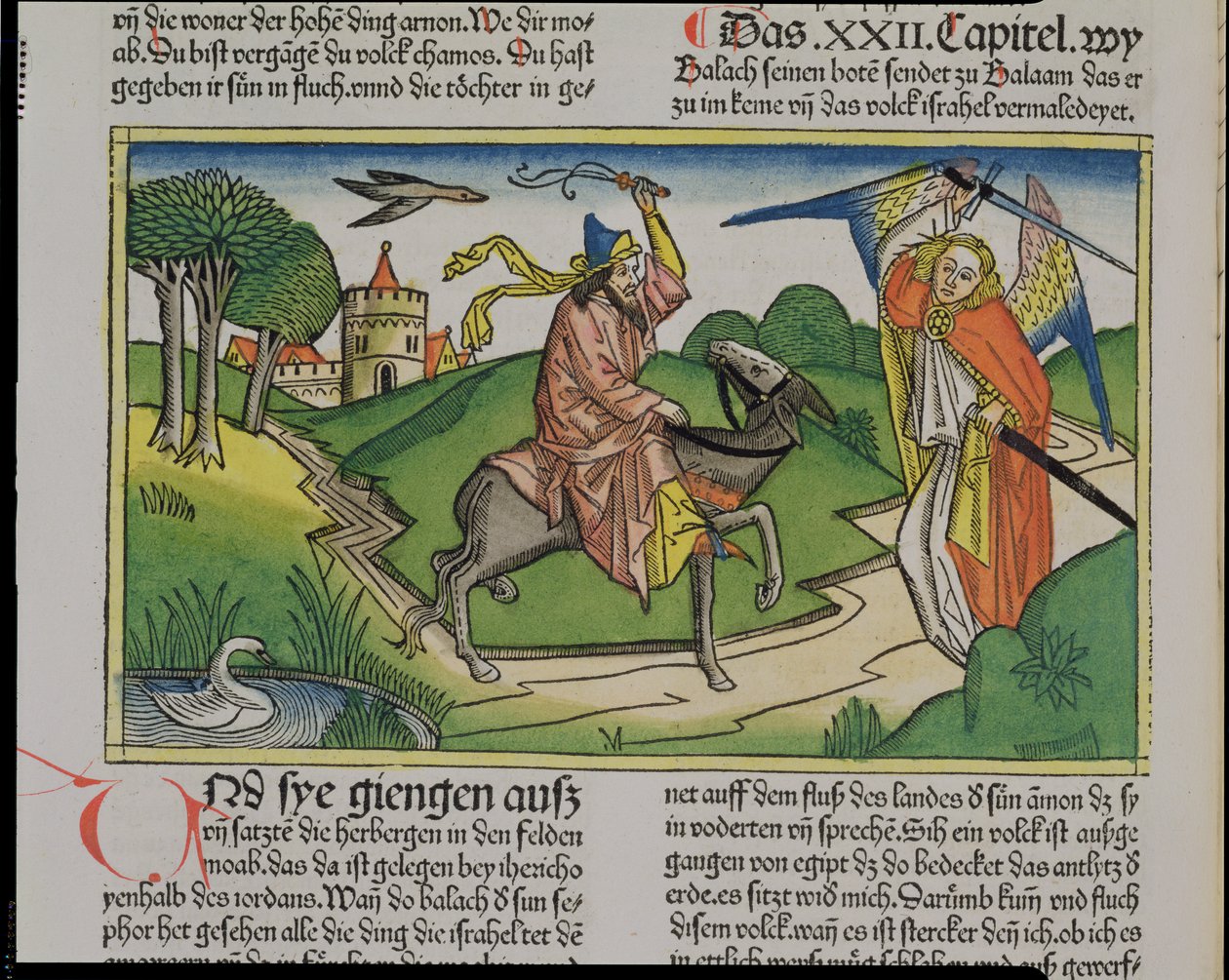 Numeri 22:20-35 Balaams pratende ezel, uit de Neurenbergse Bijbel (Biblia Sacra Germanaica) door German School