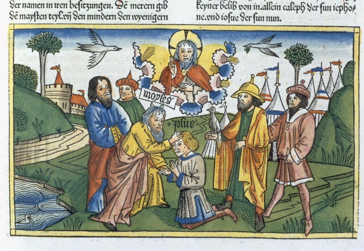 Numeri 27:18-23 Mozes legt zijn hand op Jozua, uit de Neurenbergse Bijbel (Biblia Sacra Germanaica) door German School