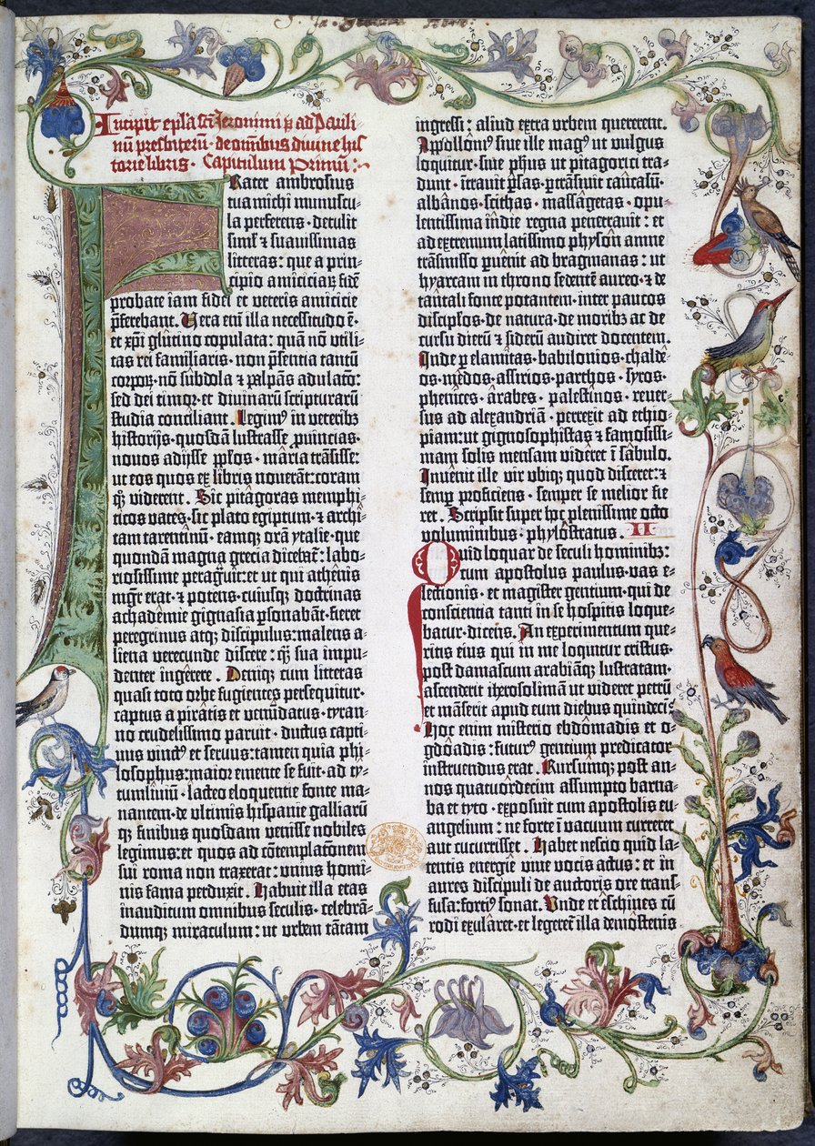 Pagina uit de Gutenberg Bijbel, met Erfurt-verlichting door German School
