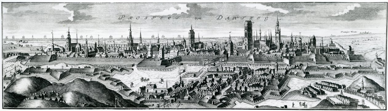 Panoramisch uitzicht op Danzig (Gdansk) door German School