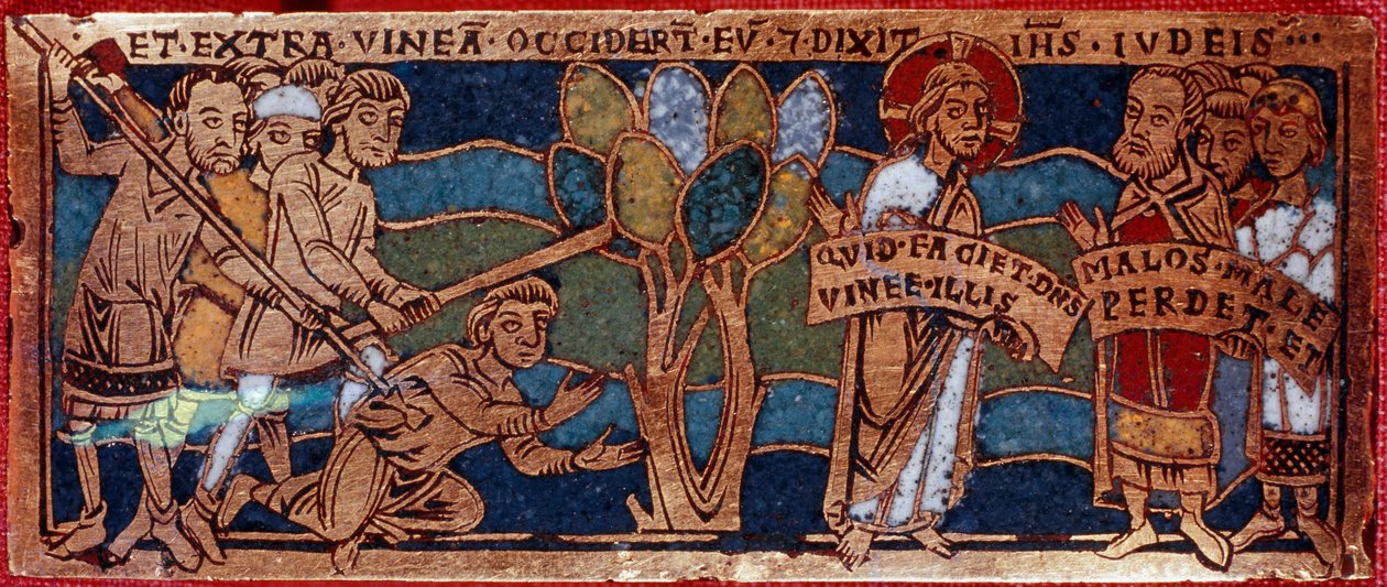 Parabel van de arbeiders van de wijngaard of parabel van de arbeiders van het elfde uur. Emaille plaat op koper. Rijnlandse school. 12e eeuw. Florence, Nazionale Museo del Bargello door German School
