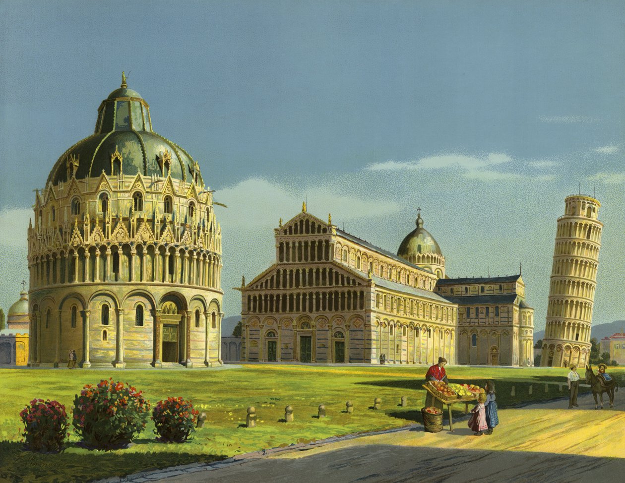 Pisa, doopkapel, kathedraal, scheve toren (chromolitho) door German School