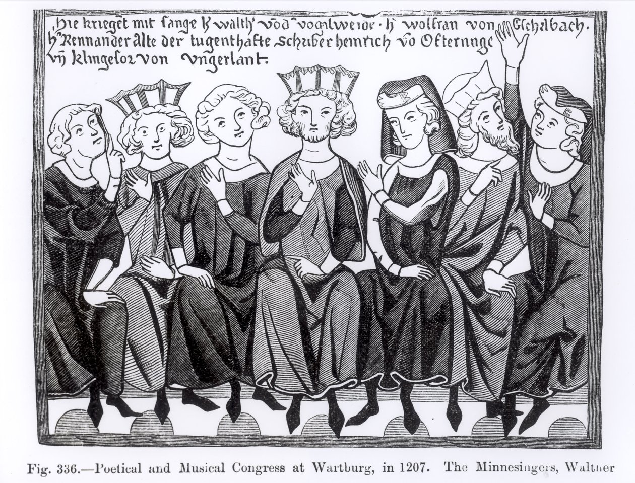 Poëtisch en Muzikaal Congres, Wartburg, 1207, illustratie uit Wetenschap en Literatuur in de Middeleeuwen en de Renaissance, geschreven en gegraveerd door Paul Lacroix, 1878 door German School