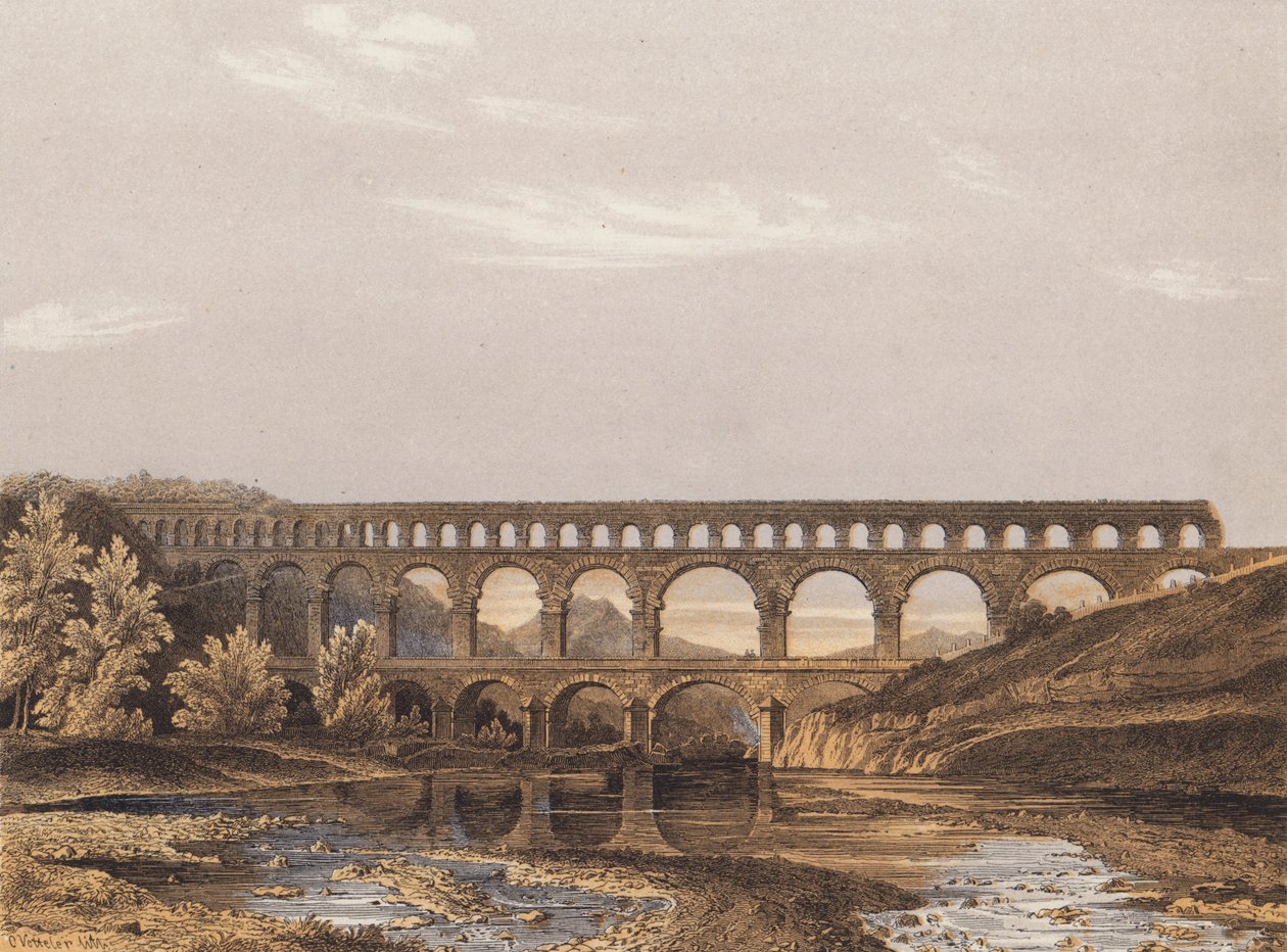 Pont du Gard, Romeins aquaduct, Nîmes, Frankrijk (kleurenlitho) door German School