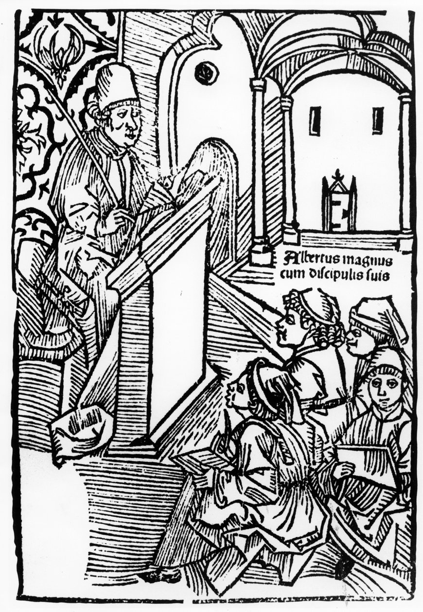 Portret van Albertus Magnus met enkele van zijn leerlingen, illustratie voor de titelpagina van Epitomata, reparaties, of het geheel van de natuurfilosofie van Aristoteles door Gerardus de Harderwyck, gepubliceerd 14 door German School