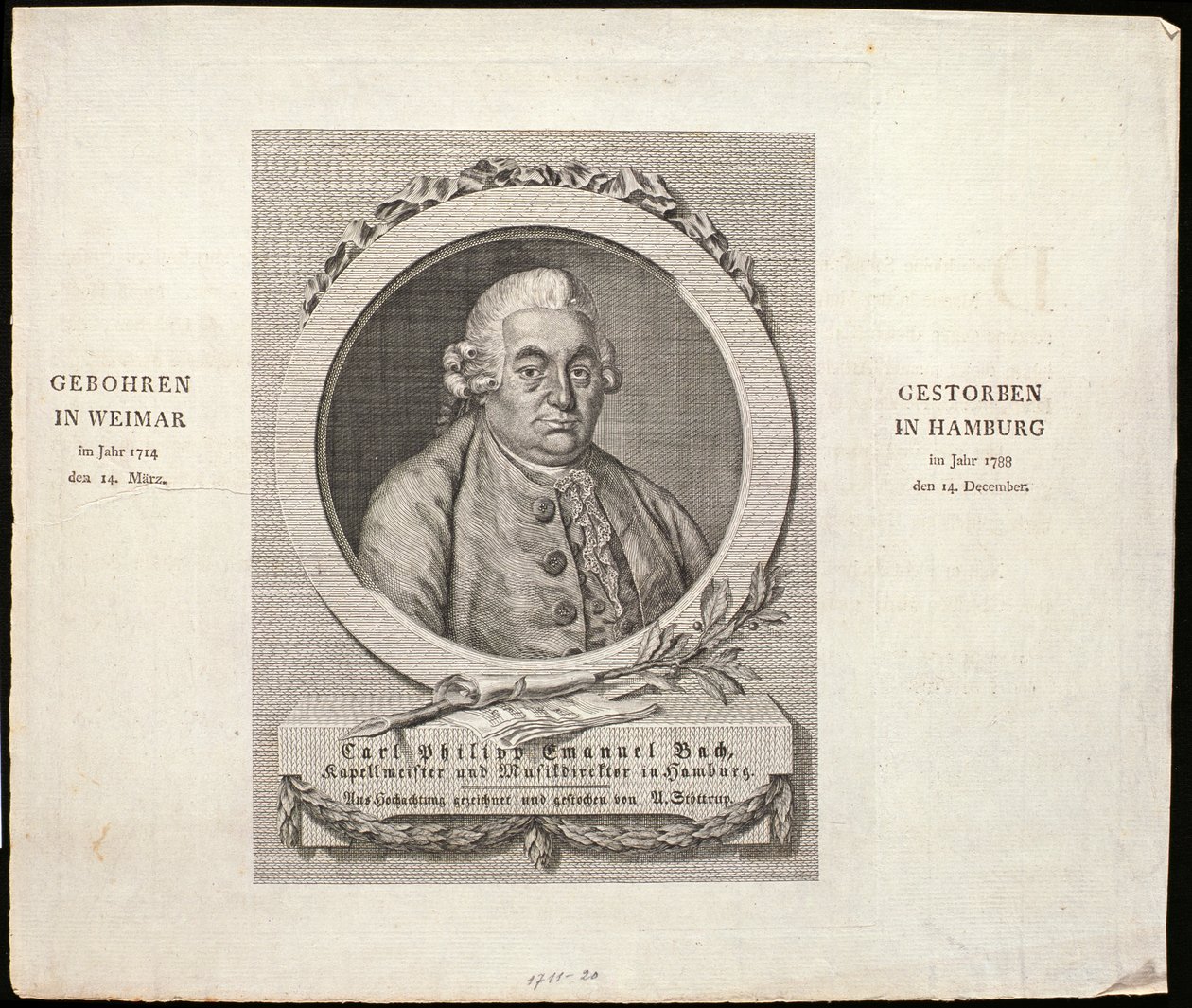 Portret van Carl Philipp Emanuel Bach (1714-88) gegraveerd door C. D. Krohn, 1788 door German School