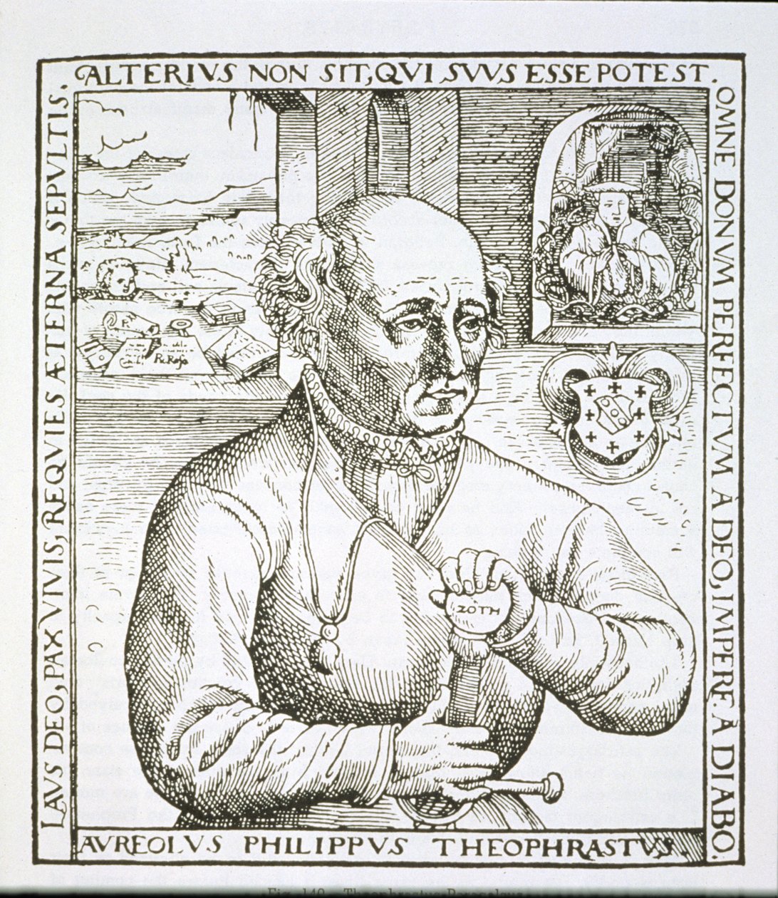 Portret van Theothrastus Paracelsus (1493-1541), kopie van een illustratie uit zijn boek Astronomica et Astrologica Pouscula, Keulen 1567, gebruikt in Geschiedenis van de Magie, gepubliceerd eind 19e eeuw door German School