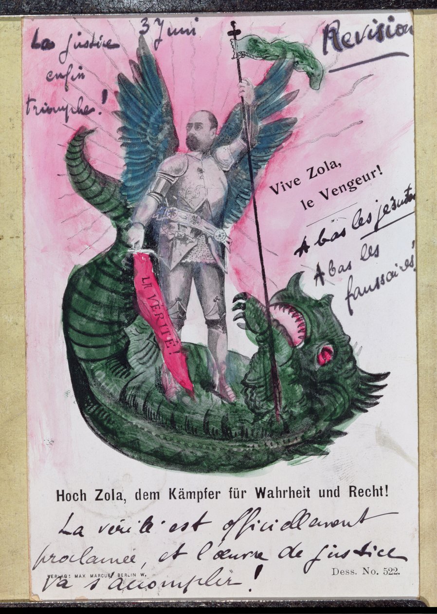 Ansichtkaart met afbeelding van Noble Zola, Strijder voor Waarheid en Rechtvaardigheid met annotaties door German School