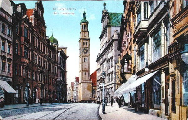 Ansichtkaart die de Karolinenstrasse in Augsburg afbeeldt, c.1910 door German School