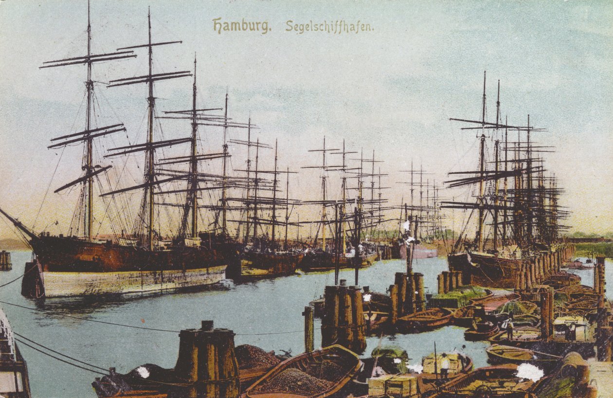 Ansichtkaart van de zeilschepenhaven in Hamburg, ca. 1900 door German School