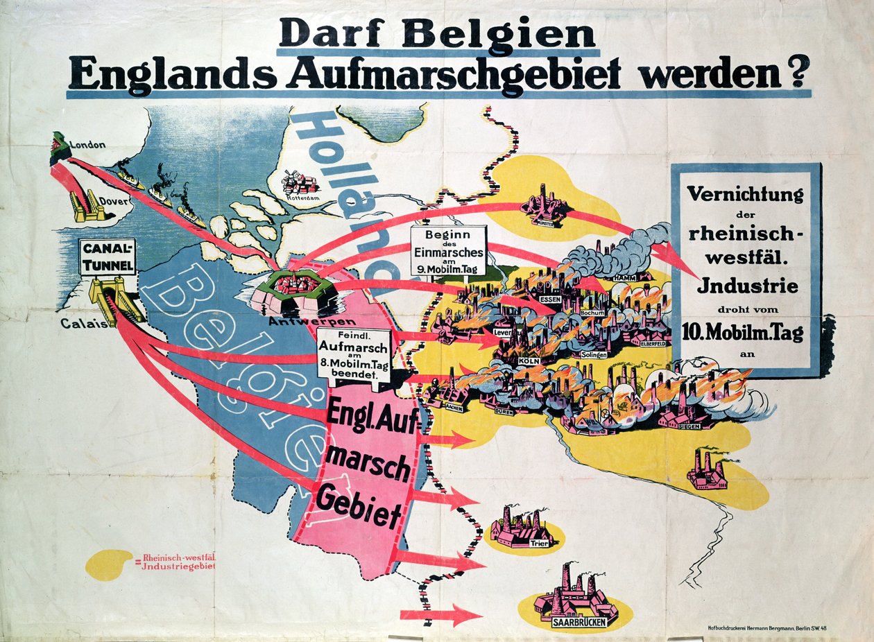 Poster die Duitse bezorgdheid uitdrukt over de voorgestelde bouw van een Kanaaltunnel die België en Engeland verbindt, ca. 1914-18 door German School
