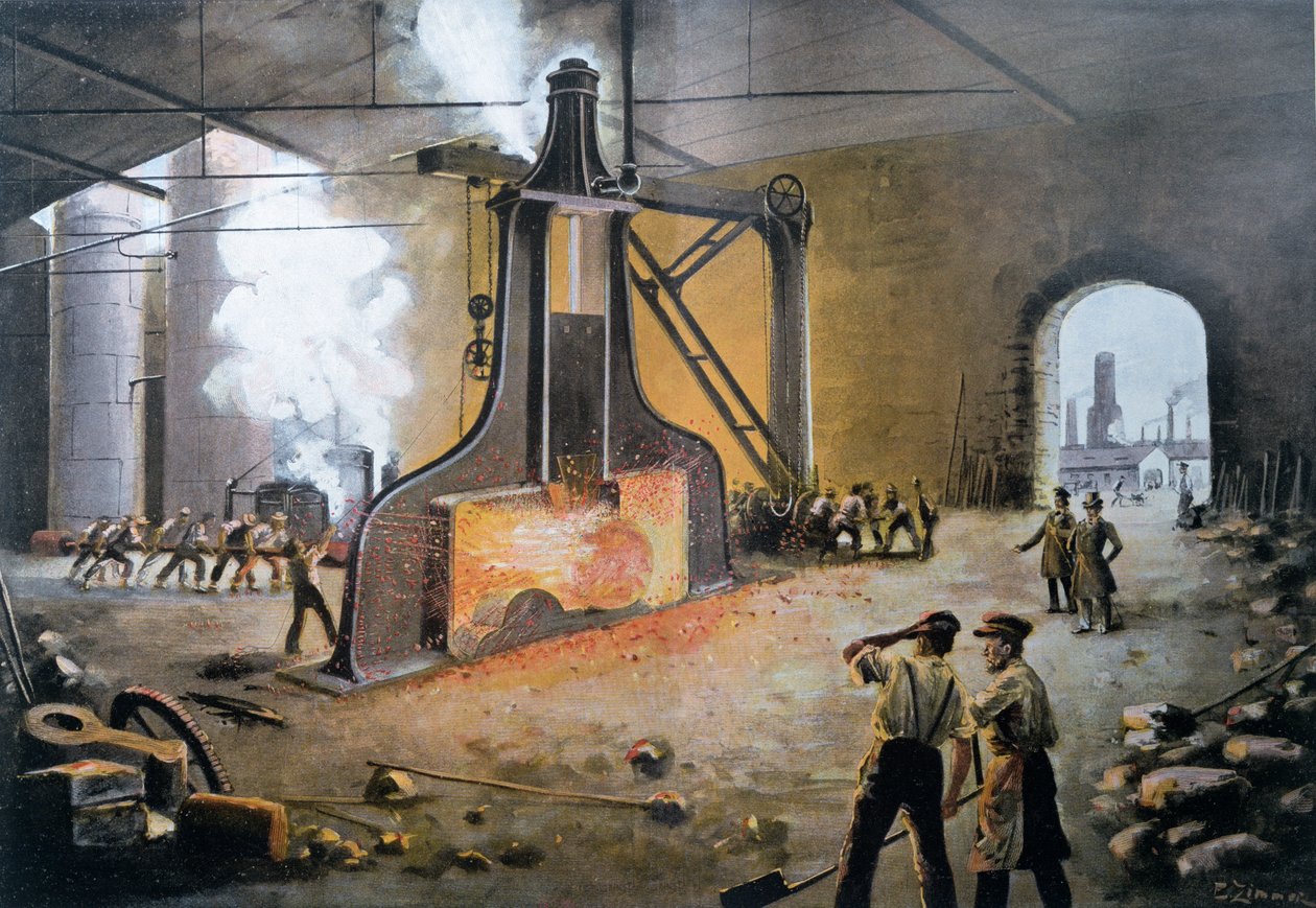 Krachtige hamer uitgevonden door James Nasmyth in Duitsland in 1842, gegraveerd door E. Zimmer, uit Le XIXeme siècle door Hans Kraemer, ca. 1900 door German School