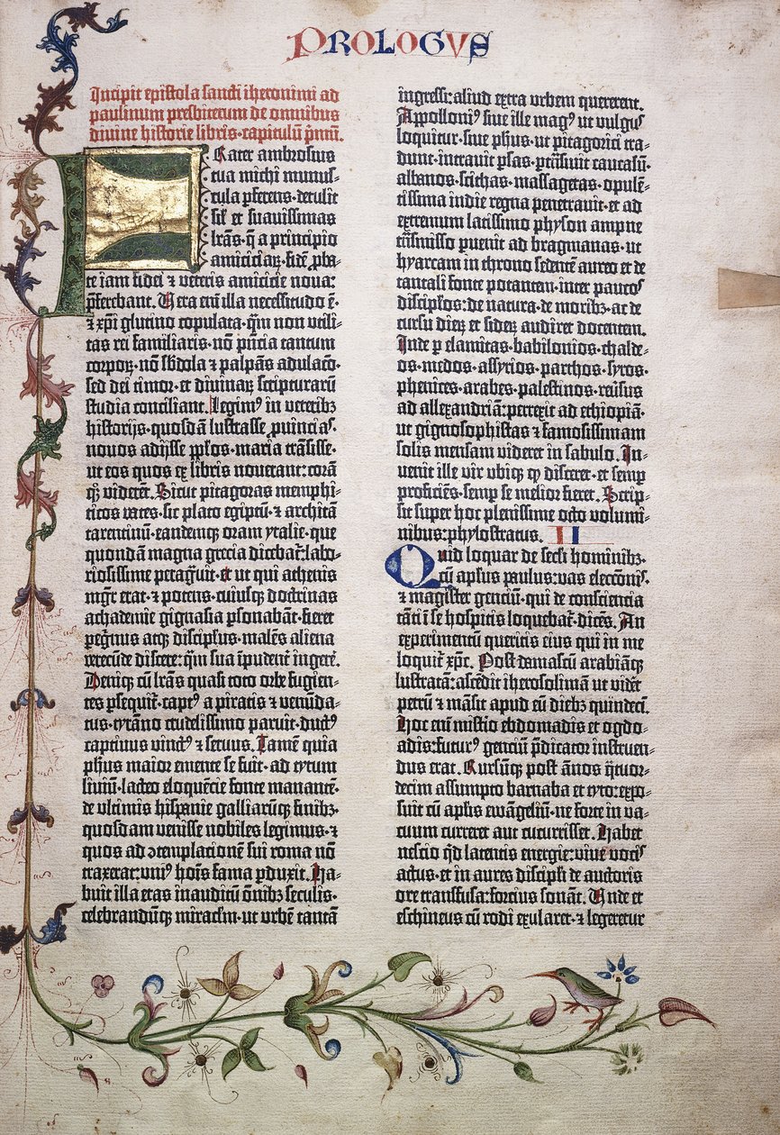 Proloog folio met gouden en groene letter "F", en rand van bladeren, bloemen, wijnstokken en vogel, 1455 door German School