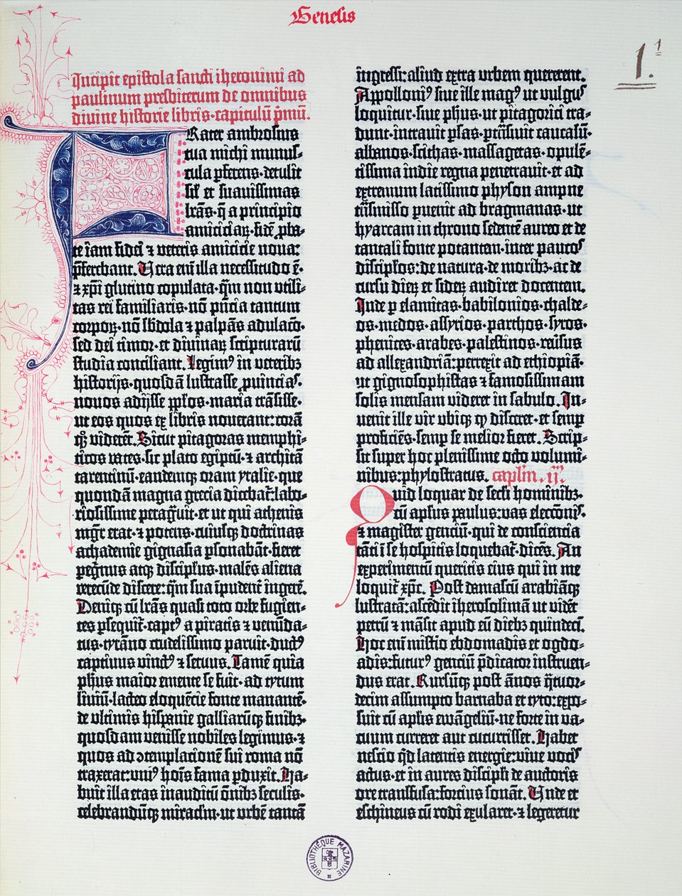 Proloog van de Gutenberg Bijbel, gedrukt door Johannes Gutenberg (c.1400-68) & Peter Schoeffer (1425-1502) in Mainz, 1454-56 door German School