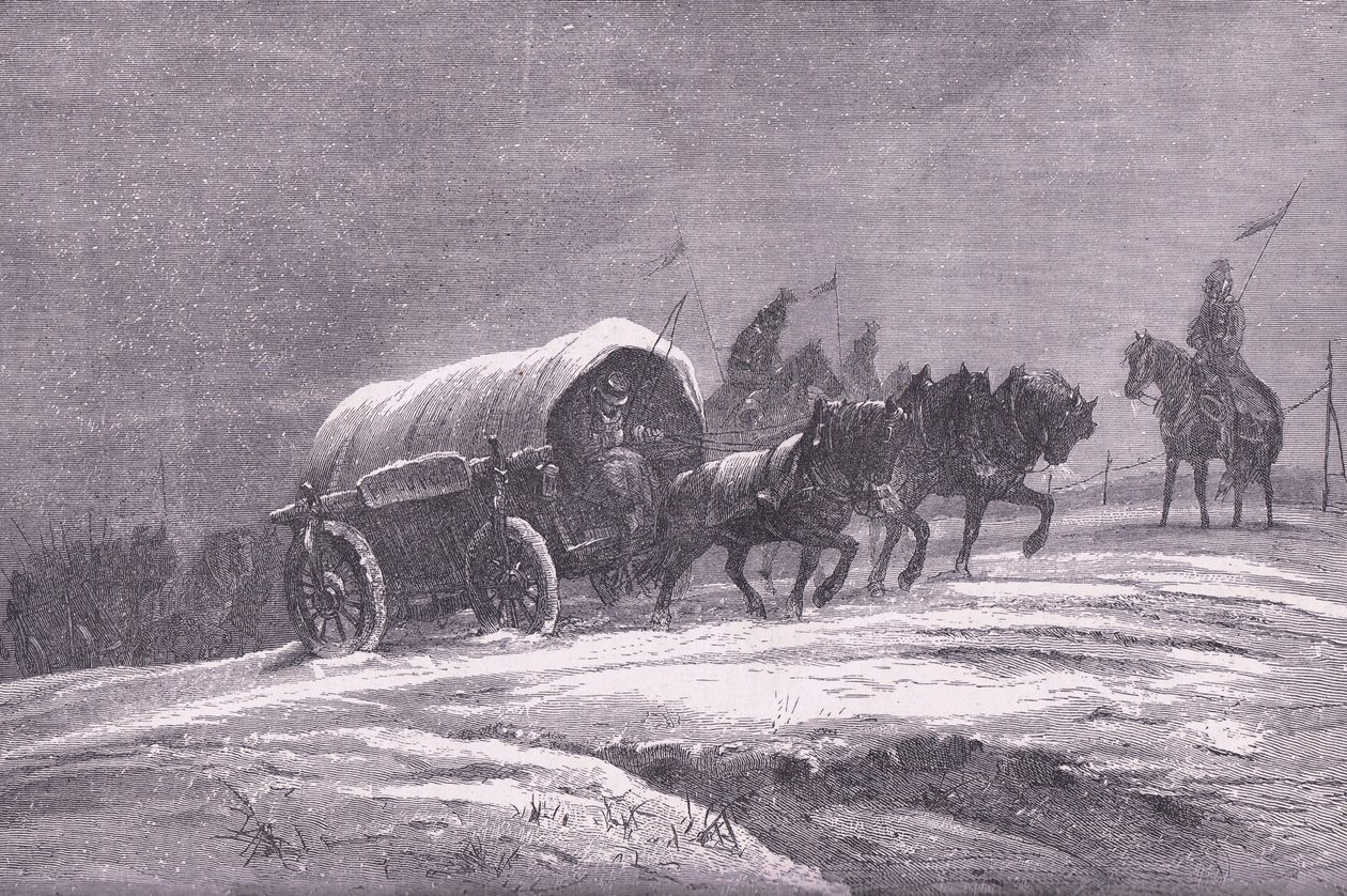 Pruisische veldpost in de sneeuw, Cassells Geschiedenis van de Oorlog tussen Frankrijk en Duitsland gepubliceerd door Cassell and Company Limited, ca. 1890 door German School