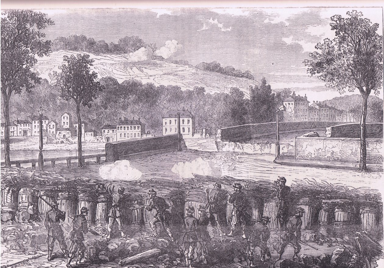 Pruisische redoute die de brug van Sèvres beveelt, Cassells Geschiedenis van de oorlog tussen Frankrijk en Duitsland uitgegeven door Cassell and Company Limited, ca. 1890 door German School